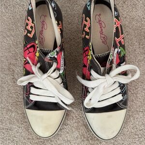 Ed Hardy Women's Black and White Sneakers with Colorful Accents